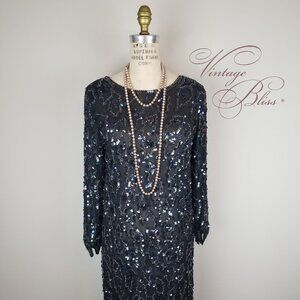 Vintage 1980's Le Mieux Black Silk Iridescent Sequin Beaded Cocktail Dress